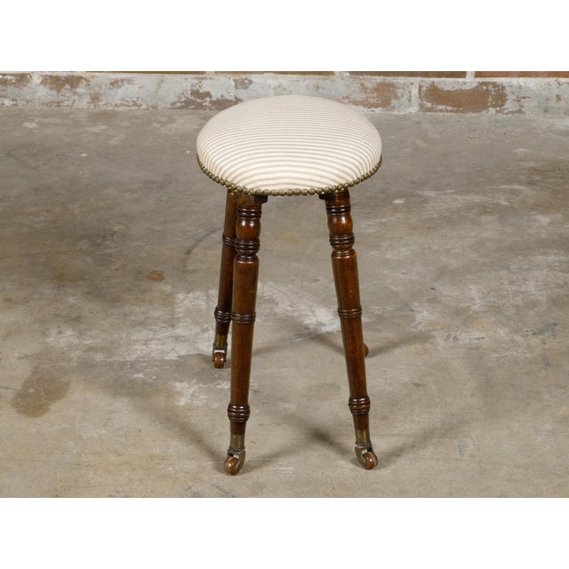 English Turned Oak 19th Century Stool on Casters with Oval Upholstered Seat For Sale - Image 4 of 12