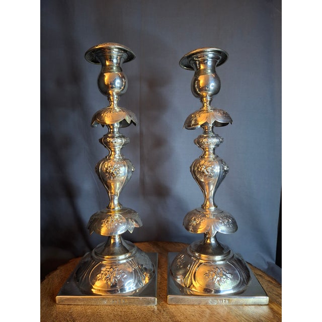 Antique Polish Judaica Silver Plated Shabbat Candlesticks Chaim Grun Warsaw 12" For Sale - Image 10 of 18