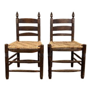 Vintage Primitive Turned Wood Ladderback Chairs W/ Woven Seats, Pair For Sale