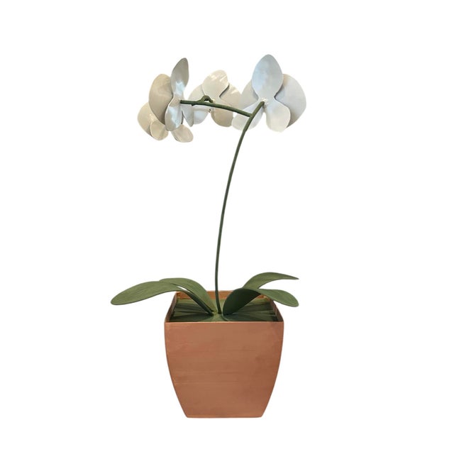 English Vintage Hand Painted Potted Tole Orchid Floral Arrangement / Flower Sculpture / Object For Sale - Image 3 of 9