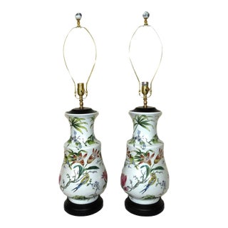 Pair of Large Porcelain Table Lamps Birds & Flowers For Sale