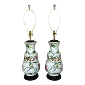 Pair of Large Porcelain Table Lamps Birds & Flowers