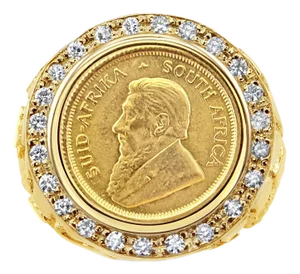 Krugerand South African Diamond Coin Ring with Nugget Band, Size 12