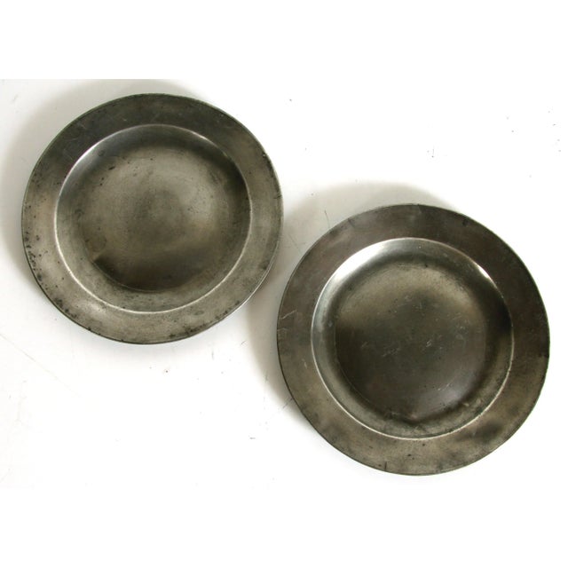 Fabulous pair of antique late 18th century London pewter dinner plates! Wonderfully distressed from over 225 years of wear...