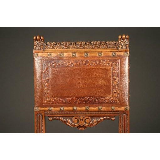 Renaissance Set of 12 Antique Italian Renaissance Style Hand-Carved Walnut Dining Chairs With Embossed Leather, Circa 1890 For Sale - Image 3 of 5