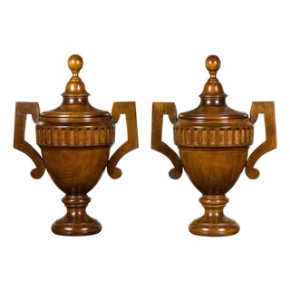 Pair of Midcentury English Carved Walnut Lidded Urns with Large Handles For Sale