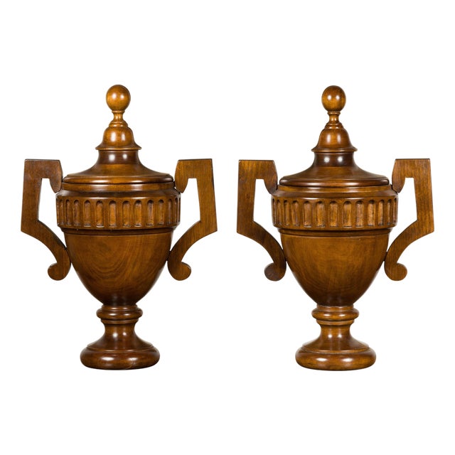 Pair of Midcentury English Carved Walnut Lidded Urns with Large Handles For Sale