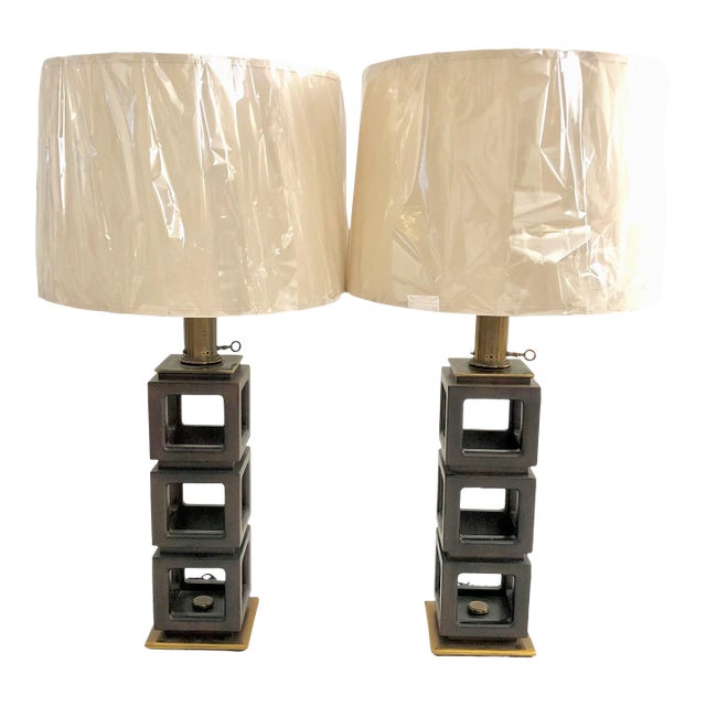 A Vintage 1950's Large Scale Pair of Carved Wood Lamps, by Edwin Cole for Stiffel Lamps, Unmarked For Sale