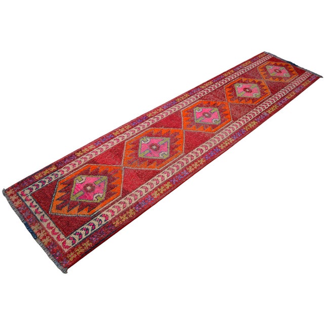 1960s Turkish Runner Rug. Hand-Knotted Tribal Red, Pink Color Hallway Rug, Kitchen Decor - 2′10" × 12′1" For Sale - Image 10 of 16