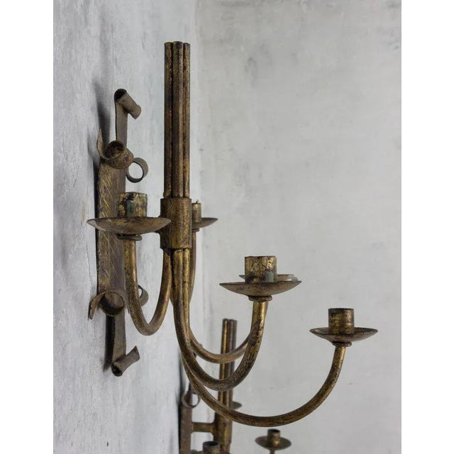 Spanish Pair of Spanish Mid-Century Gilt Metal Five-Arm Candle Sconces, 1950s For Sale - Image 3 of 8