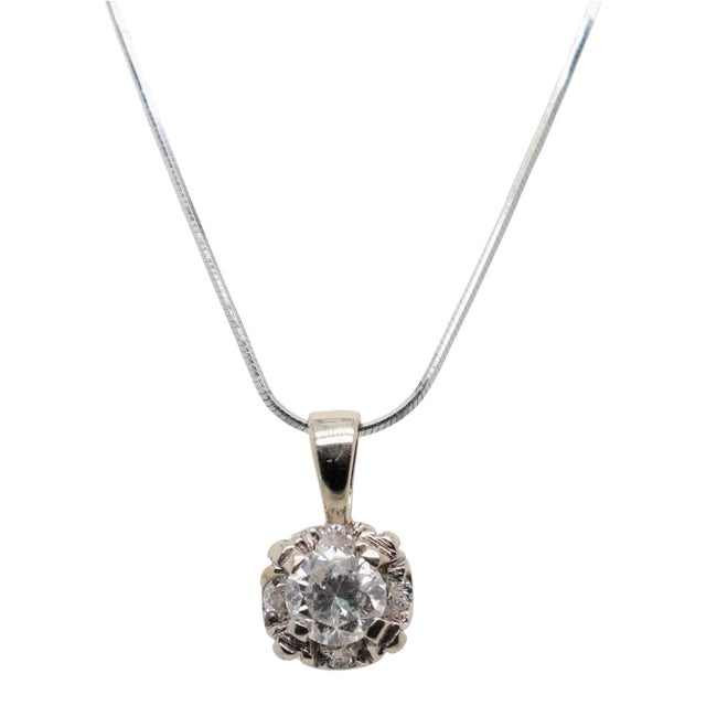 Vintage Round Brilliant Cut Diamond & 14K White Gold Pendant Necklace For Sale