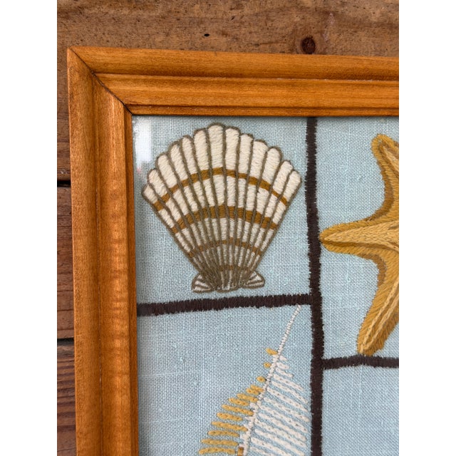 Vintage Coastal Needlepoint Seashell Textile Art in Wood Frame For Sale In Naples, FL - Image 6 of 11