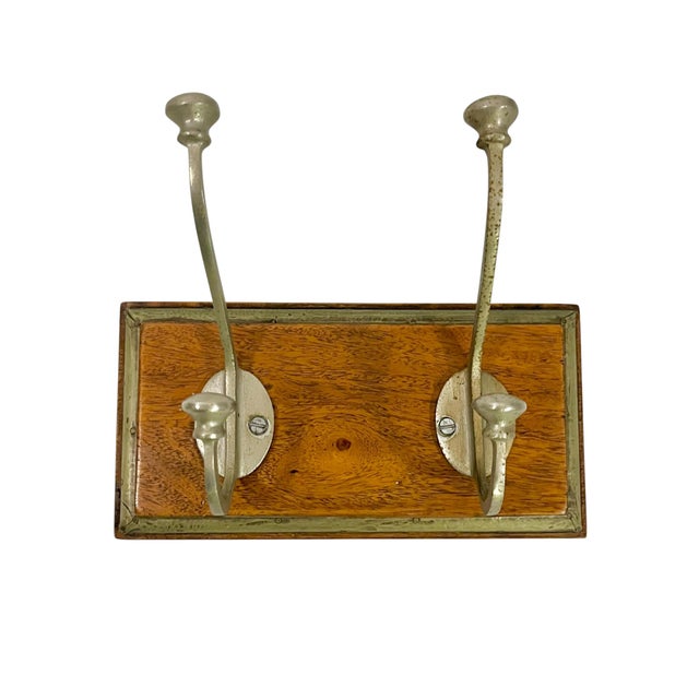 Pair of Vintage French Mid Century Wood and Metal Double Wall Hooks on Wood Plaques For Sale - Image 15 of 18