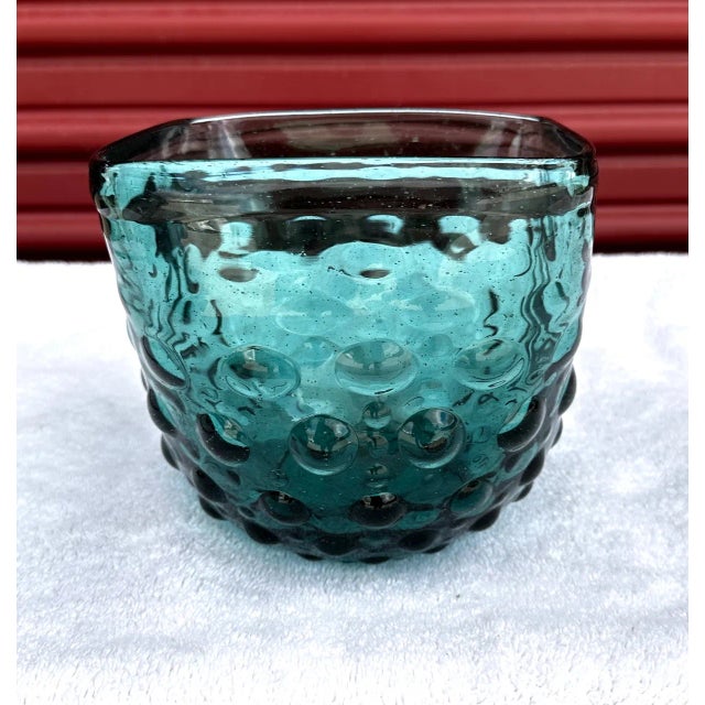 Glass Vintage Teal Blue Empoli Hand Blown Hobnail Square Bowl For Sale - Image 7 of 7