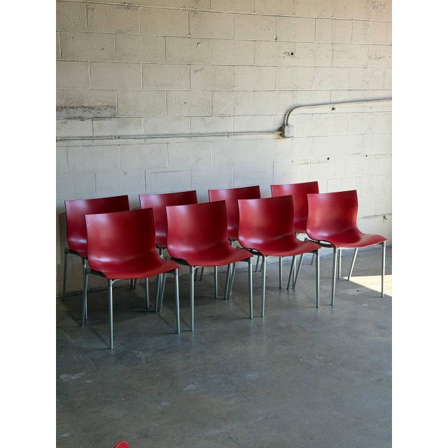 Modern Philippe Starck Red Stacking Chairs Set of 8 Molded Plastic and Aluminum 1990s For Sale - Image 3 of 12