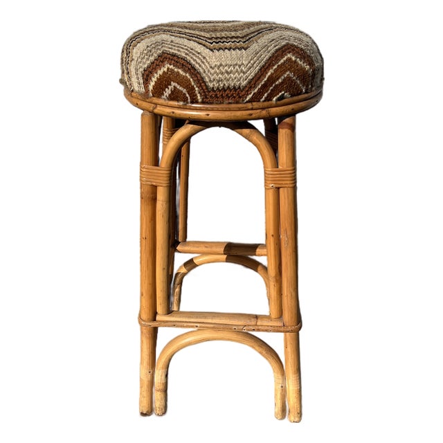 Single Vintage Bar or Counter Stool in Bamboo in Vintage Upholstery For Sale