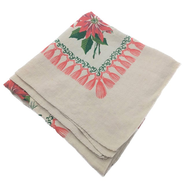 Traditional Vintage Square Linen Christmas Tablecloth For Sale - Image 3 of 7