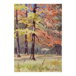 1927 Plein Air Autumn Forest Landscape Watercolor Painting For Sale