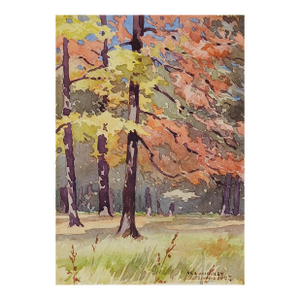 1927 Plein Air Autumn Forest Landscape Watercolor Painting