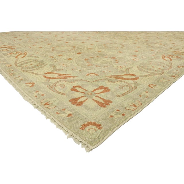 Turkish Oushak rug with Arts & Crafts style Inspired by William Morris. The architectural elements of naturalistic forms...