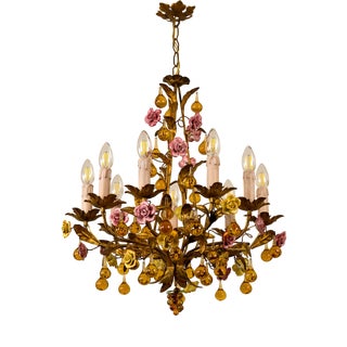Floral Chandelier in Gilded Iron with Ceramic Flowers and Murano Glass Pendants, Italy, 1960s For Sale