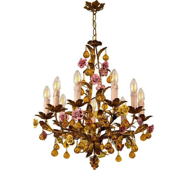 Floral Chandelier in Gilded Iron with Ceramic Flowers and Murano Glass Pendants, Italy, 1960s For Sale