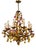 Floral Chandelier in Gilded Iron with Ceramic Flowers and Murano Glass Pendants, Italy, 1960s For Sale