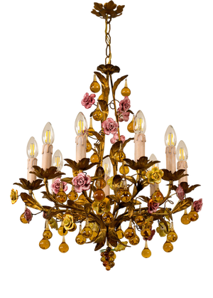 Floral Chandelier in Gilded Iron with Ceramic Flowers and Murano Glass Pendants, Italy, 1960s