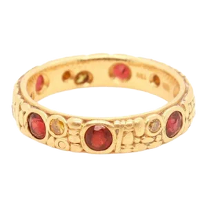 Vintage Signed Alex Sepkus 18k Gold, Yellow Diamond, & Garnet Engraved Band Ring Size 5