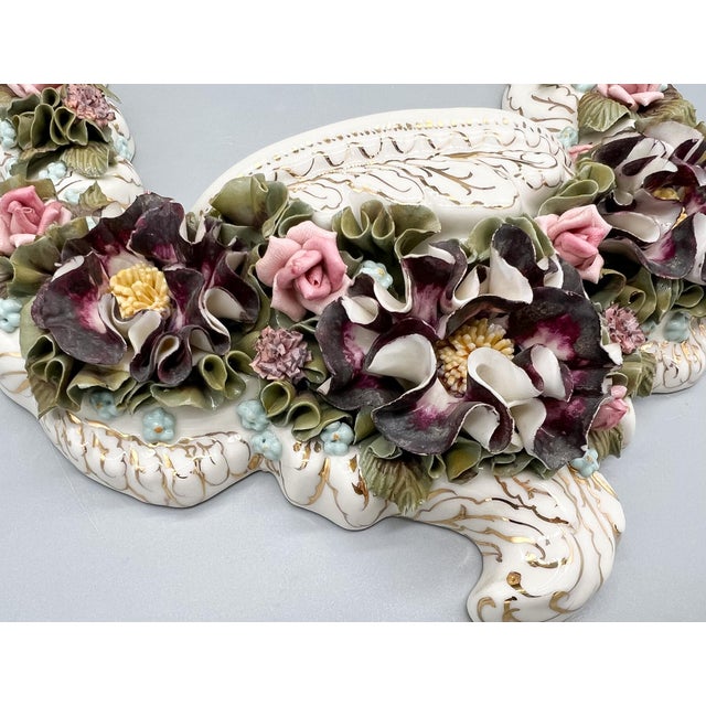 Green Mid-Century Signed Italian Porcelain Floral Wall Frame With Shelf – Italian / Romantic / Rococo Revival / Capodimonte Style For Sale - Image 8 of 15