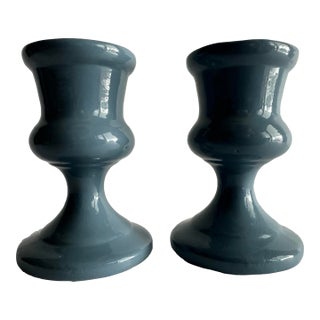 Vintage Mid 20th Century Made in Japan Blue Ceramic Candlestick Holders- A Pair For Sale