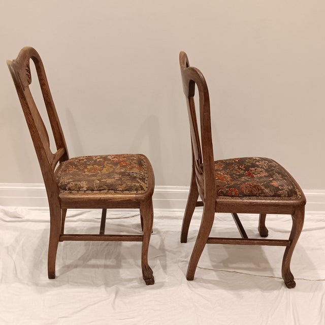 Antique Quarter Sawn Oak Side Chairs With Hand Carved Motif on Each Side and Nailhead Stud Surround Tapestry Seat and Claw Feet For Sale - Image 15 of 18
