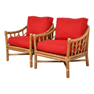 McGuire Mid-Century Hollywood Regency Bamboo Rattan Lounge Chairs, Pair For Sale