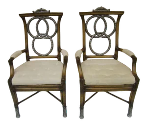 1970s Vintage Trinity Design Arm Chairs with Bamboo and Silver Accents Upholstered Seat - a Pair