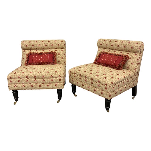 Pair of Petite Traditional Floral Upholstered Slipper Chairs With Brass Casters & Pillows For Sale