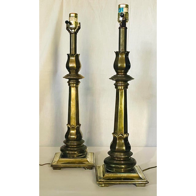 Mid 20th Century Vintage Candlestick Brass Table Lamps- A Pair For Sale - Image 5 of 7