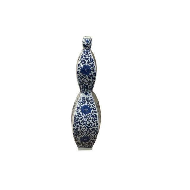 Oriental Slim Flat Gourd Shape Flower Theme Porcelain Art Vase For Sale - Image 4 of 14