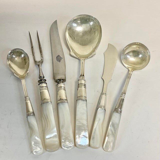 Art Deco 1920s Antique English Hollywood Regency Mother of Pearl Sterling Silver Serving Utensils - Set of 6 For Sale - Image 3 of 10