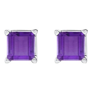 14K White Gold 5x5MM Princess Cut Purple Amethyst Solitaire Stud Earrings For Sale