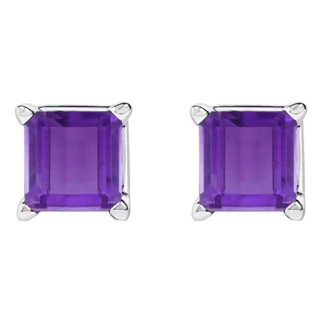 14K White Gold 5x5MM Princess Cut Purple Amethyst Solitaire Stud Earrings For Sale