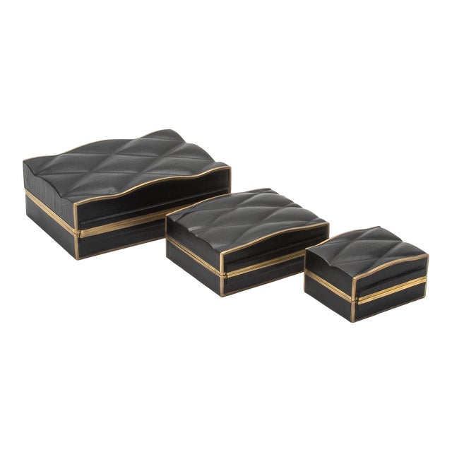 Set of 3 Quilted Boxes in Black Oak With Bronze Patina Brass by Kifu Paris For Sale