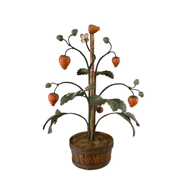 A lovely, vintage Italian tole potted strawberry plant. Features a leafy tole plant, adorned with red strawberries and...
