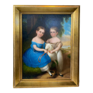 Robert Street Oil on Canvas Painting, Portrait of the Grundy Children Siblings With a Lamb