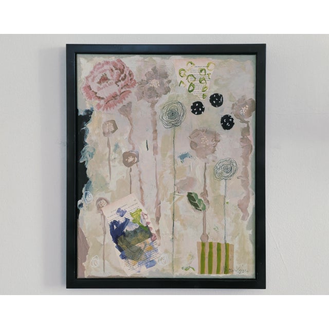 ROSEBUDS is an original expressionistic abstract collage painting by Mary Kaiser. It is 18"×25" and framed and ready to hang.