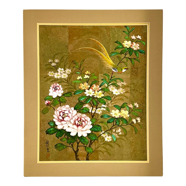 Original Chinese Floral Painting With Birds, Signed, Custom Mat For Sale