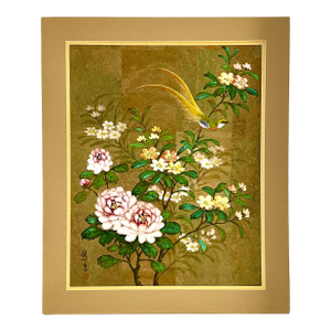 Original Chinese Floral Painting With Birds, Signed, Custom Mat