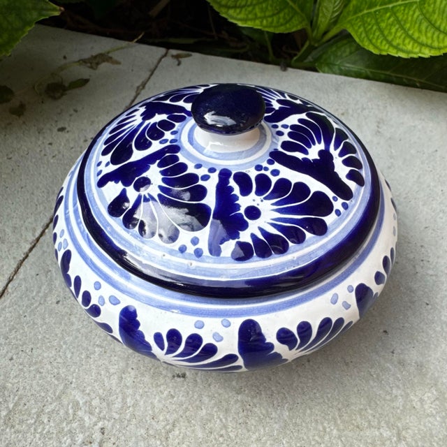 Farmhouse Vintage Mexican Talavera Blue & White Lidded Bowl - 5.5” For Sale - Image 3 of 12