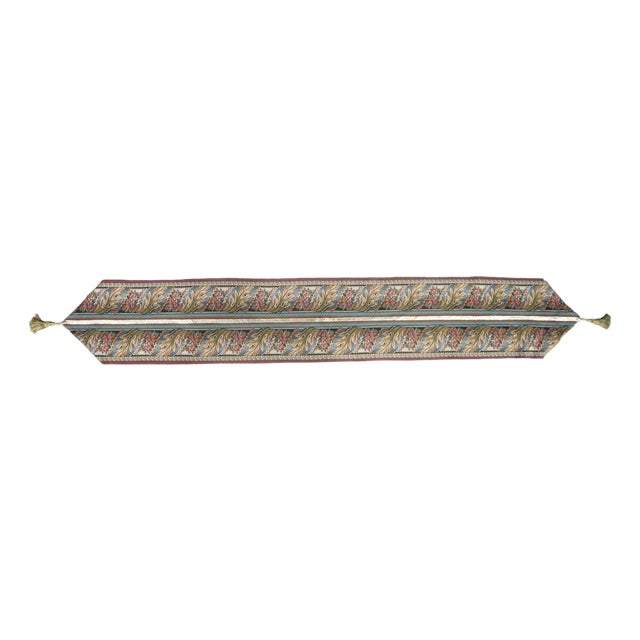 Vintage French Baroque Woven Tapestry Table Runner Acanthus Leaf Gold Tassel For Sale