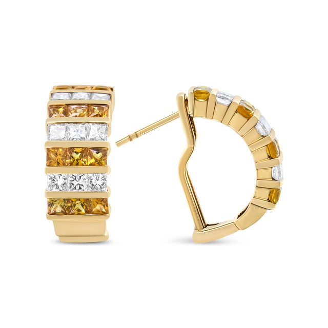 18K Yellow Gold 1 3/4 Cttw Invisible Set Princess Cut Diamond and 2.5mm Yellow Sapphire Huggie Hoop Earrings, A Pair For Sale In New York - Image 6 of 7