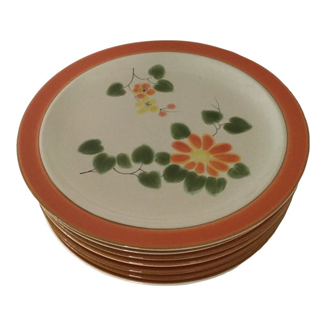1980s Casual Classic Stoneware Hand Painted Peach Blossoms Plates- Set of 7 For Sale